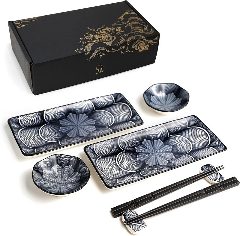 ELUSH 8 Piece Japanese Style Ceramic Sushi Plate Set 10-inch rectangle sushi dishes- 2 Sushi Plates, 2 Sauce Dishes, 2 Pairs of Chopsticks, 2 Chopsticks Holders - Image 1